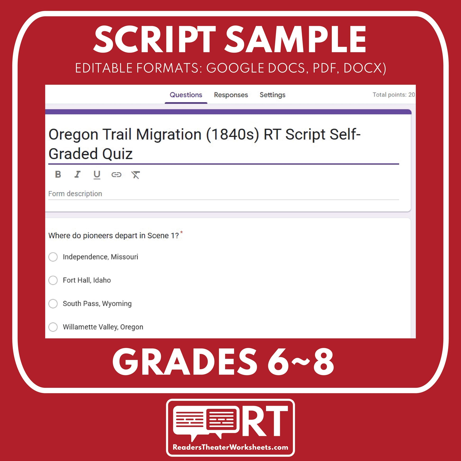 Oregon Trail Readers Theater Script | Grades 6‑8 - ["Grades 6-8","U.S. History - Westward Expansion (1801\u202f\u2013\u202f1861)"]