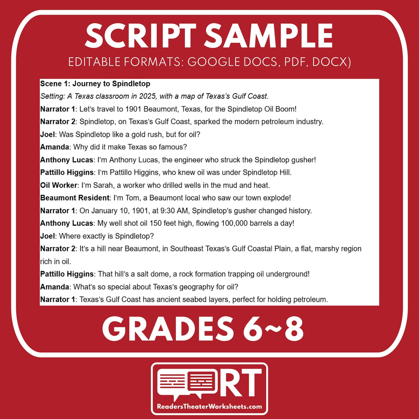 Spindletop Oil Boom Readers Theater Script | Grades 6-8 - ["Grades 6-8","Readers Theater","Texas State History"]
