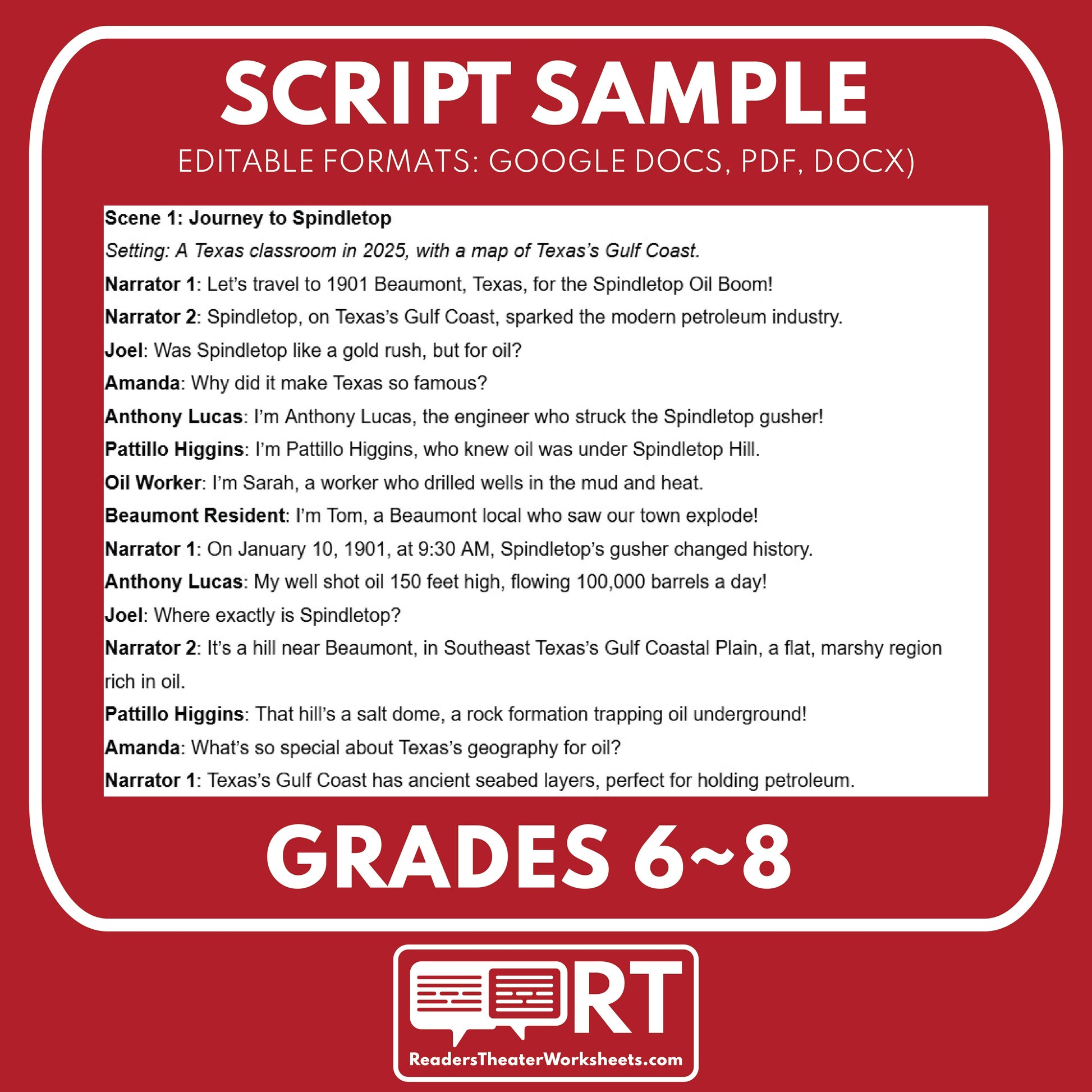 Spindletop Oil Boom Readers Theater Script | Grades 6-8 - ["Grades 6-8","Readers Theater","Texas State History"]