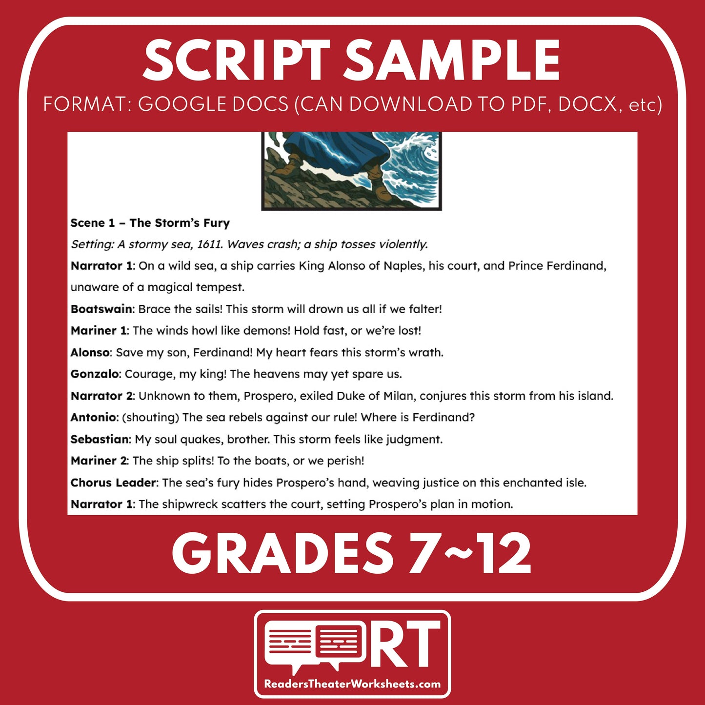 The Tempest (Prospero) Readers Theater Script | Classical Dramas | Shakespeare - ["Classical Drama Series","Grades 6-8","Grades 9-12","Self-Graded Quiz"]