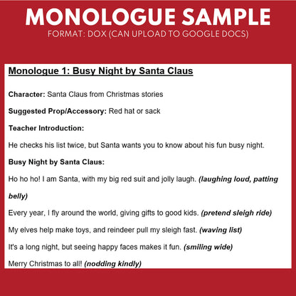 10 Christmas Monologues | 10 Short Scripts For Grades 1 to 3 | No Prep Activity PDF