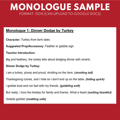 10 Thanksgiving Monologues | 10 Short Scripts For Grades 1 to 3 | No Prep Activity PDF