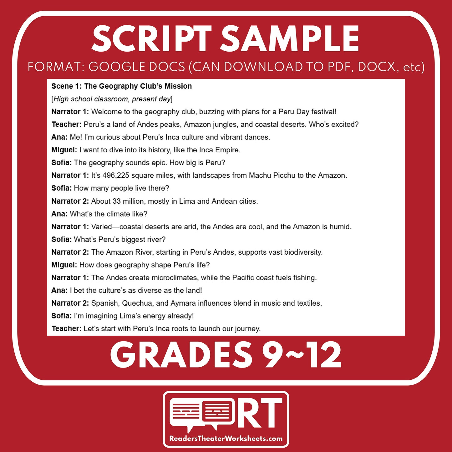 Peru Readers Theater Script | Geography & Social Studies Class - ["Geography","Grades 6-8","Grades 9-12","Self-Graded Quiz"]
