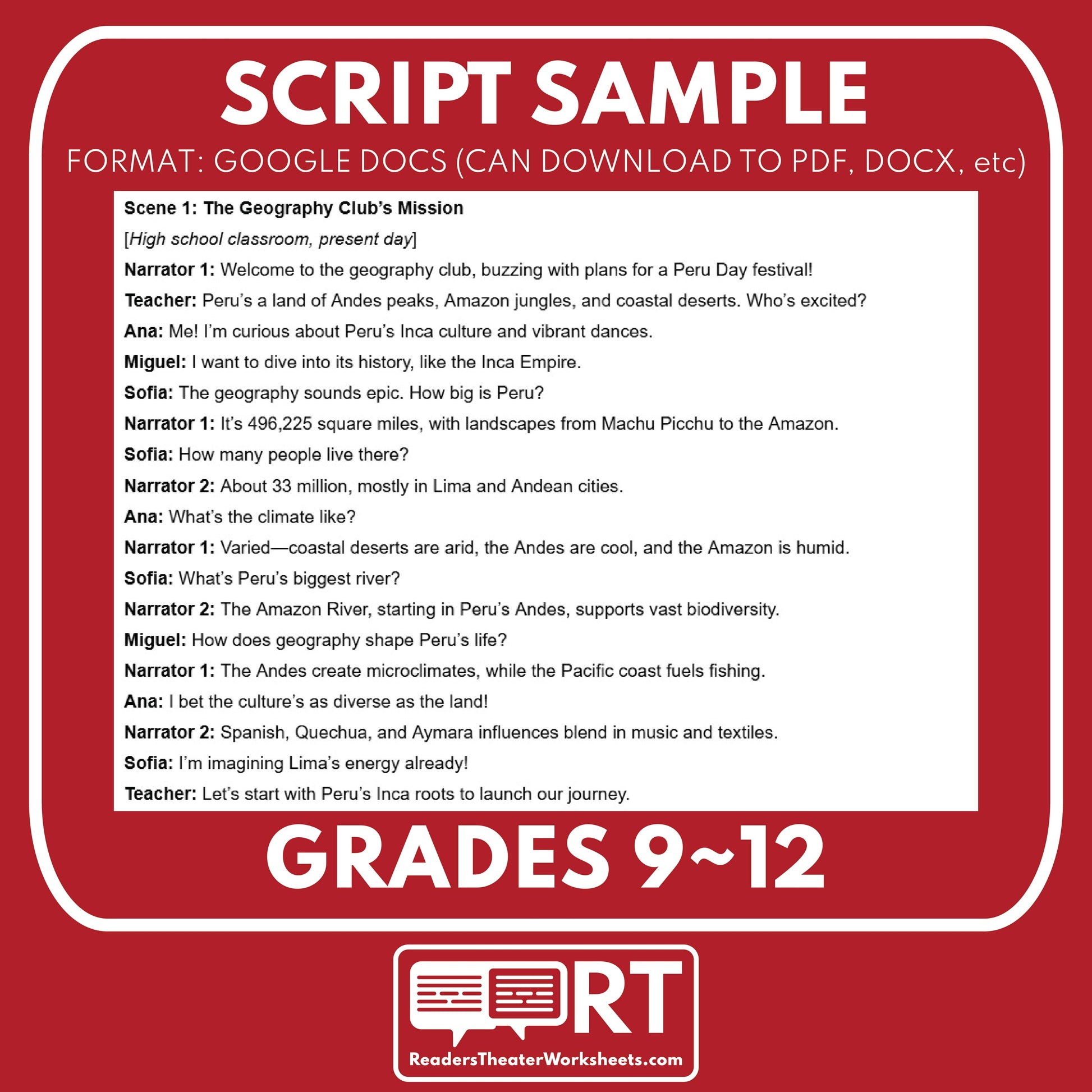 Peru Readers Theater Script | Geography & Social Studies Class - ["Geography","Grades 6-8","Grades 9-12","Self-Graded Quiz"]
