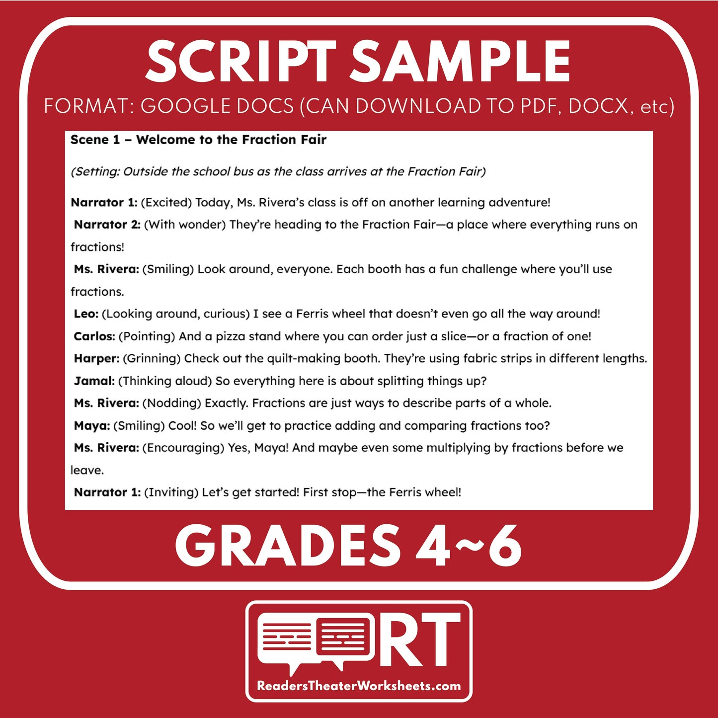 FREE Fractions Fair Math Readers Theater Script for Grades 4 to 6 - ["100% FREE","Grades 3-5","Grades 6-8","Math"]