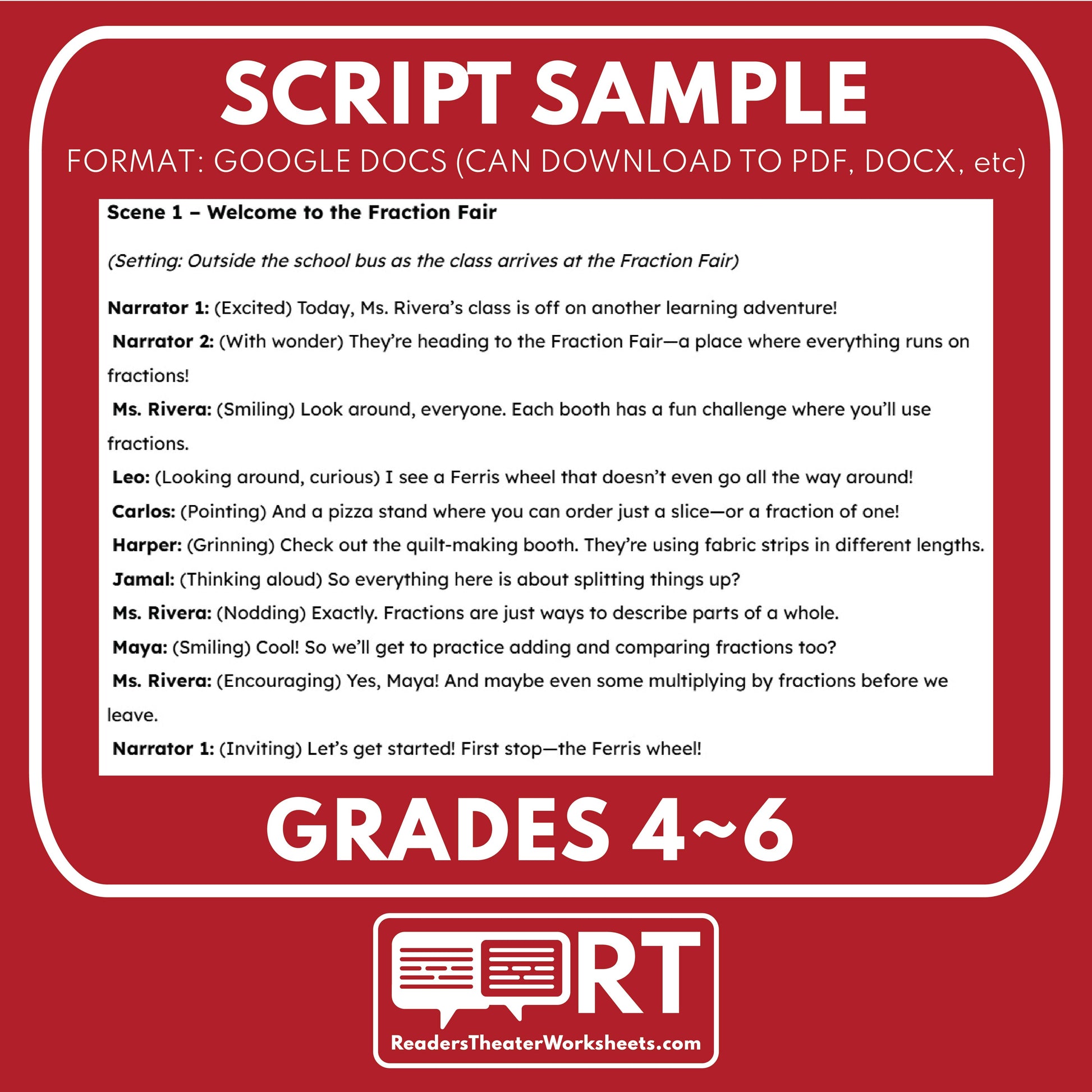 FREE Fractions Fair Math Readers Theater Script for Grades 4 to 6 - ["100% FREE","Grades 3-5","Grades 6-8","Math"]