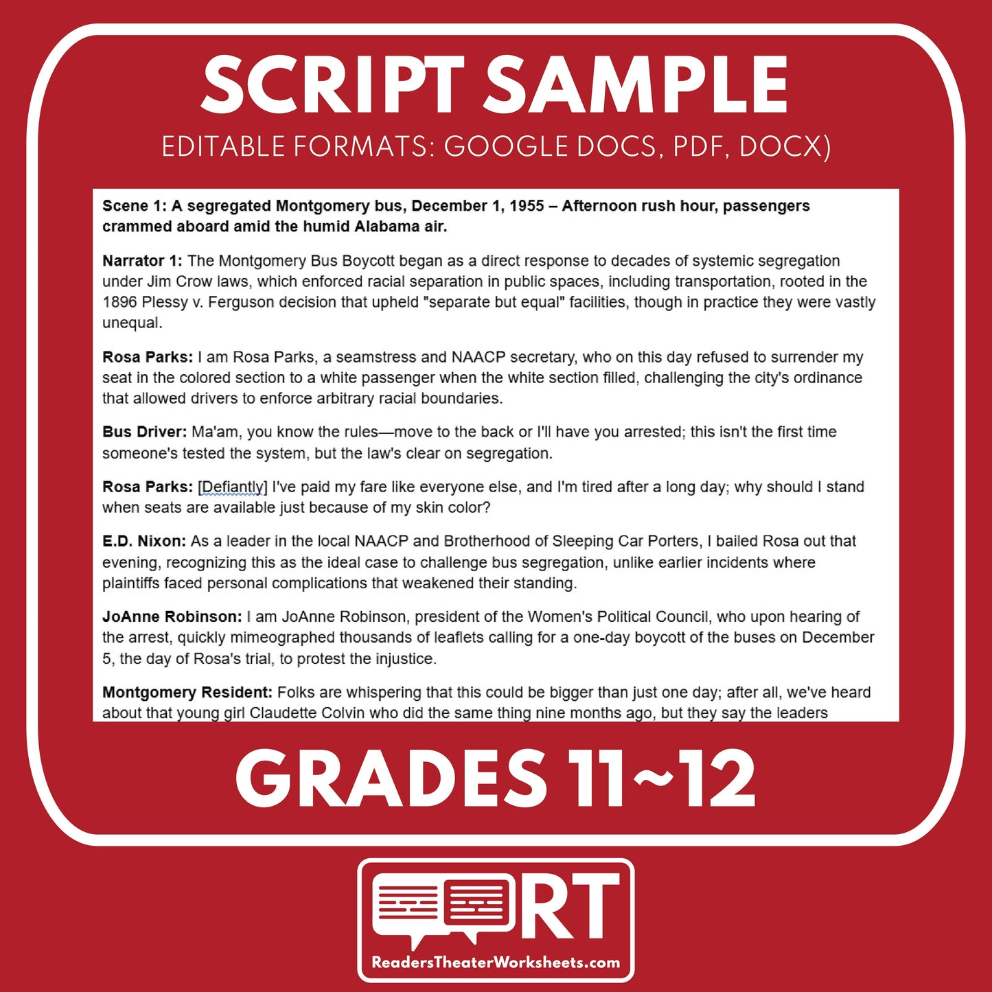 Montgomery Bus Boycott & Civil Rights Act of 1964 Readers Theater Script (Grades 11-12) - ["Grades 9-12","U.S. History - Cold War & Civil Rights"]