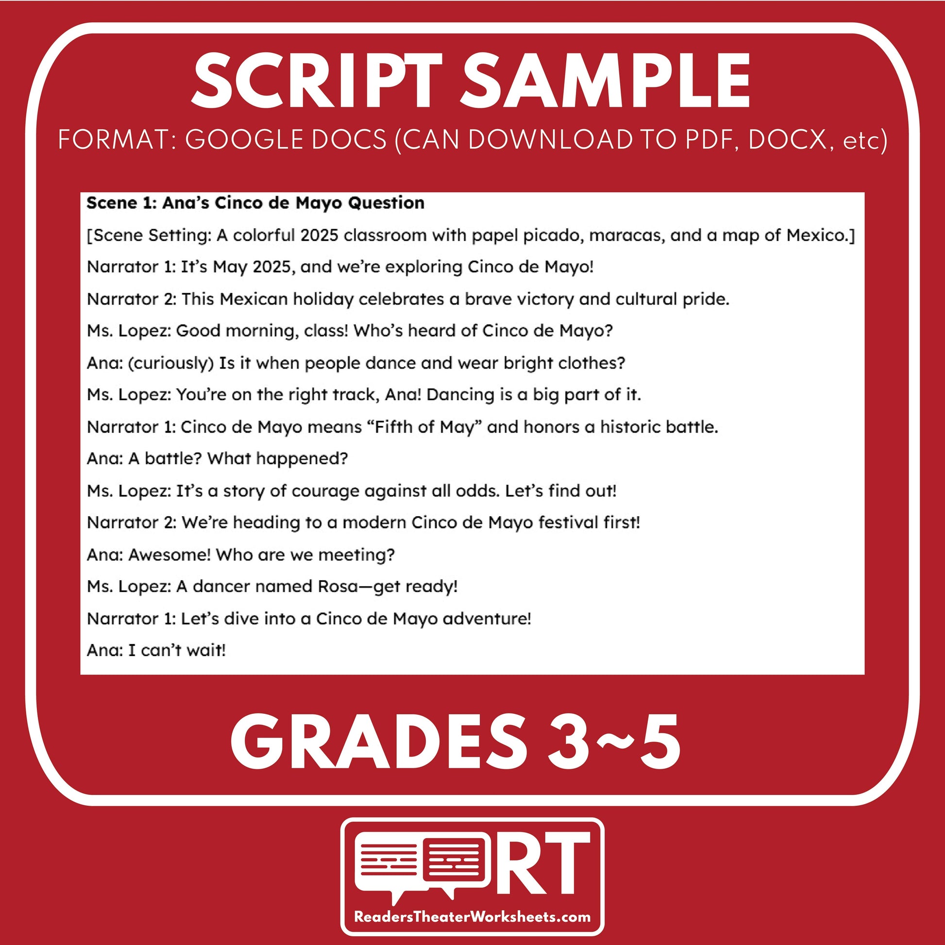 Cinco de Mayo Holiday Readers Theater Script for Grades 3-5 | Battle of Puebla - ["Grades 3-5","Holidays Around the World","Small Groups"]