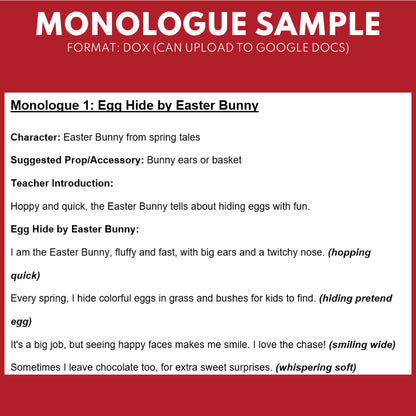 10 Easter Monologues | 10 Short Scripts For Grades 1 to 3 | No Prep Activity PDF