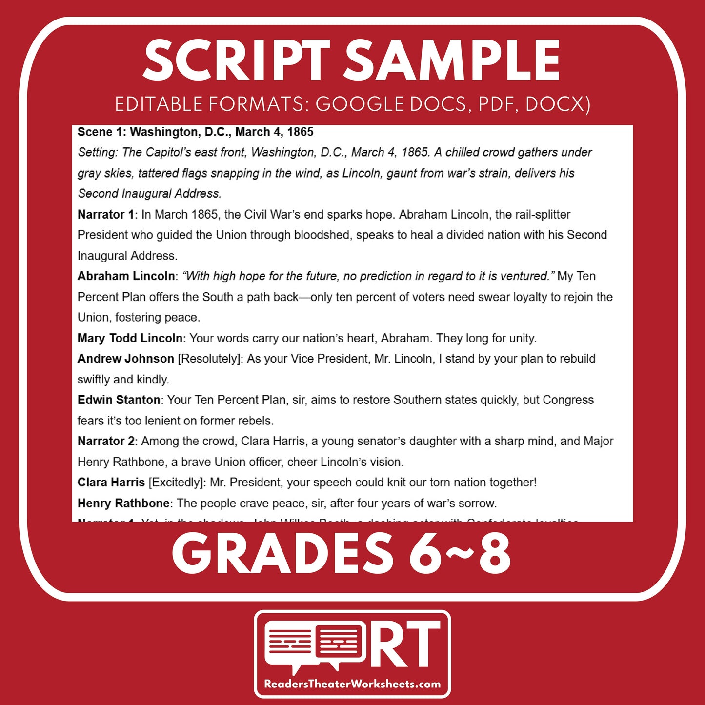 Assassination of Lincoln Reconstruction Era History Readers Theater Grades 6-8 - ["100% FREE","Grades 6-8","U.S. History - Reconstruction Era"]