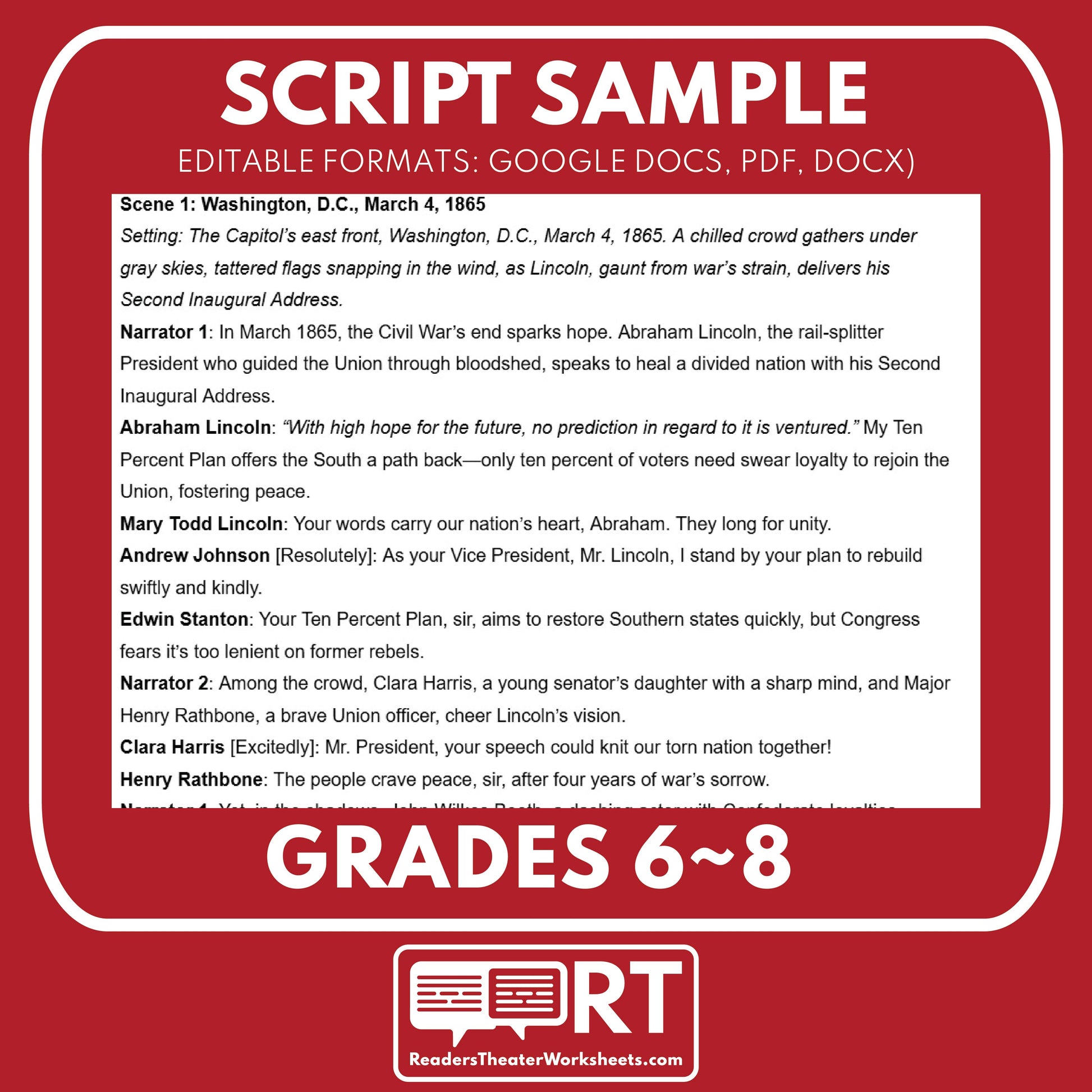Assassination of Lincoln Reconstruction Era History Readers Theater Grades 6-8 - ["100% FREE","Grades 6-8","U.S. History - Reconstruction Era"]