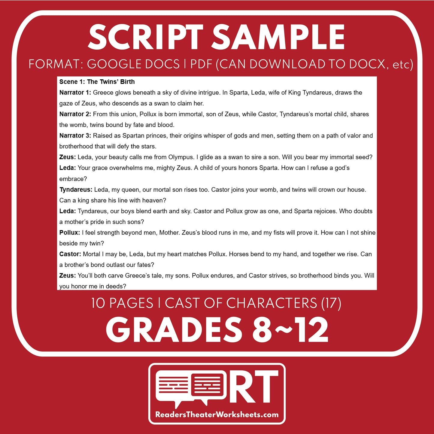 Castor & Pollux Reader's Theater Script | Demigods | Greek Mythology - ["Grades 6-8","Grades 9-12","Greek Demigods","Greek Mythology","Greek Mythology for Google Classroom"]