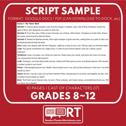 Castor & Pollux Reader's Theater Script | Demigods | Greek Mythology - ["Grades 6-8","Grades 9-12","Greek Demigods","Greek Mythology","Greek Mythology for Google Classroom"]