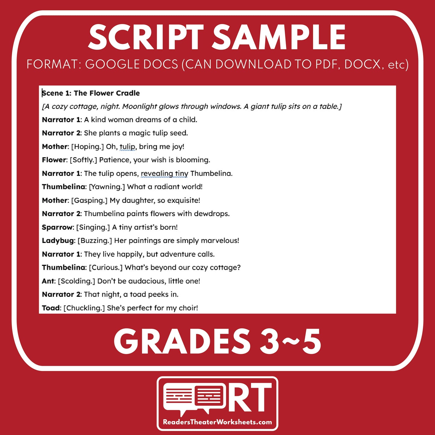 Thumbelina Readers Theater Script for Grades 3 to 5 - ["Fairy Tale","Grades 3-5"]