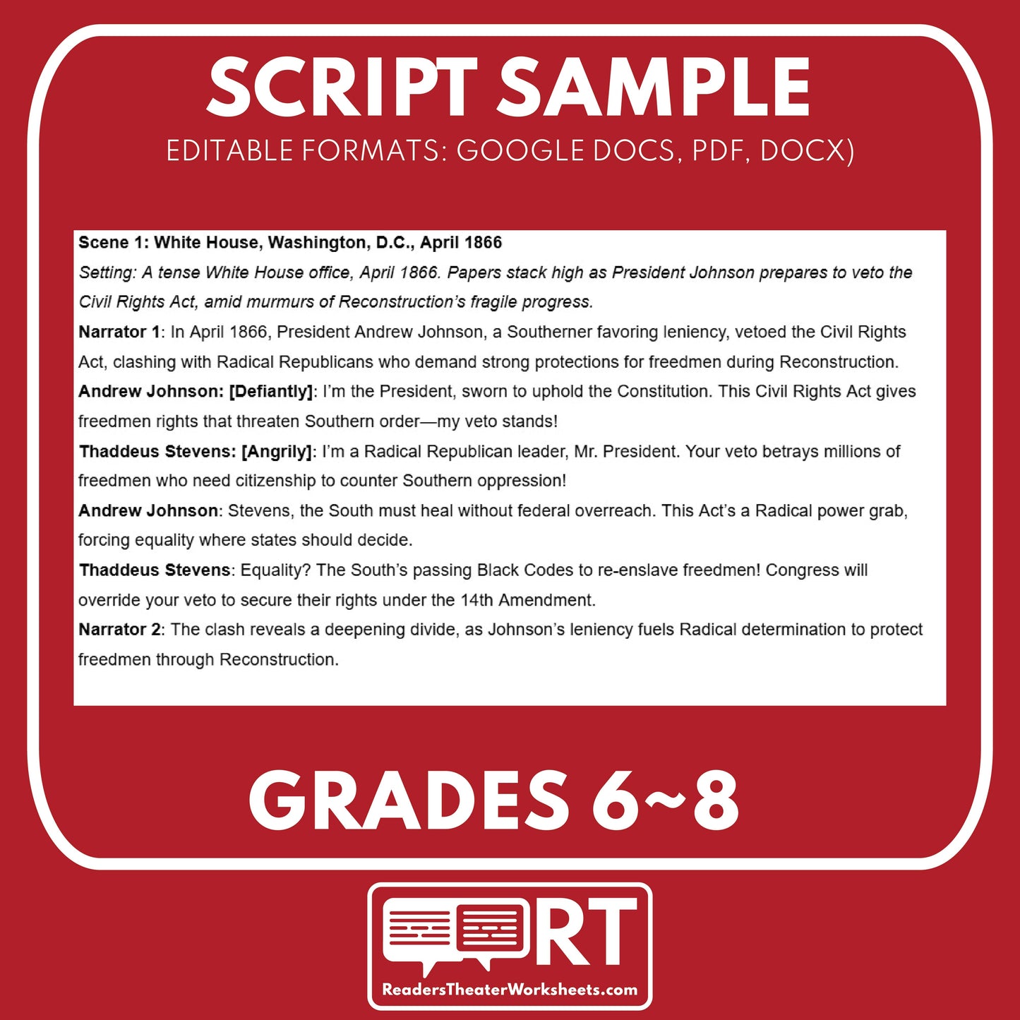 The Impeachment of Andrew Johnson (1868) | Reconstruction Era History Readers Theater Grades 6-8 - ["Grades 6-8","U.S. History \u2013 Reconstruction Era"]