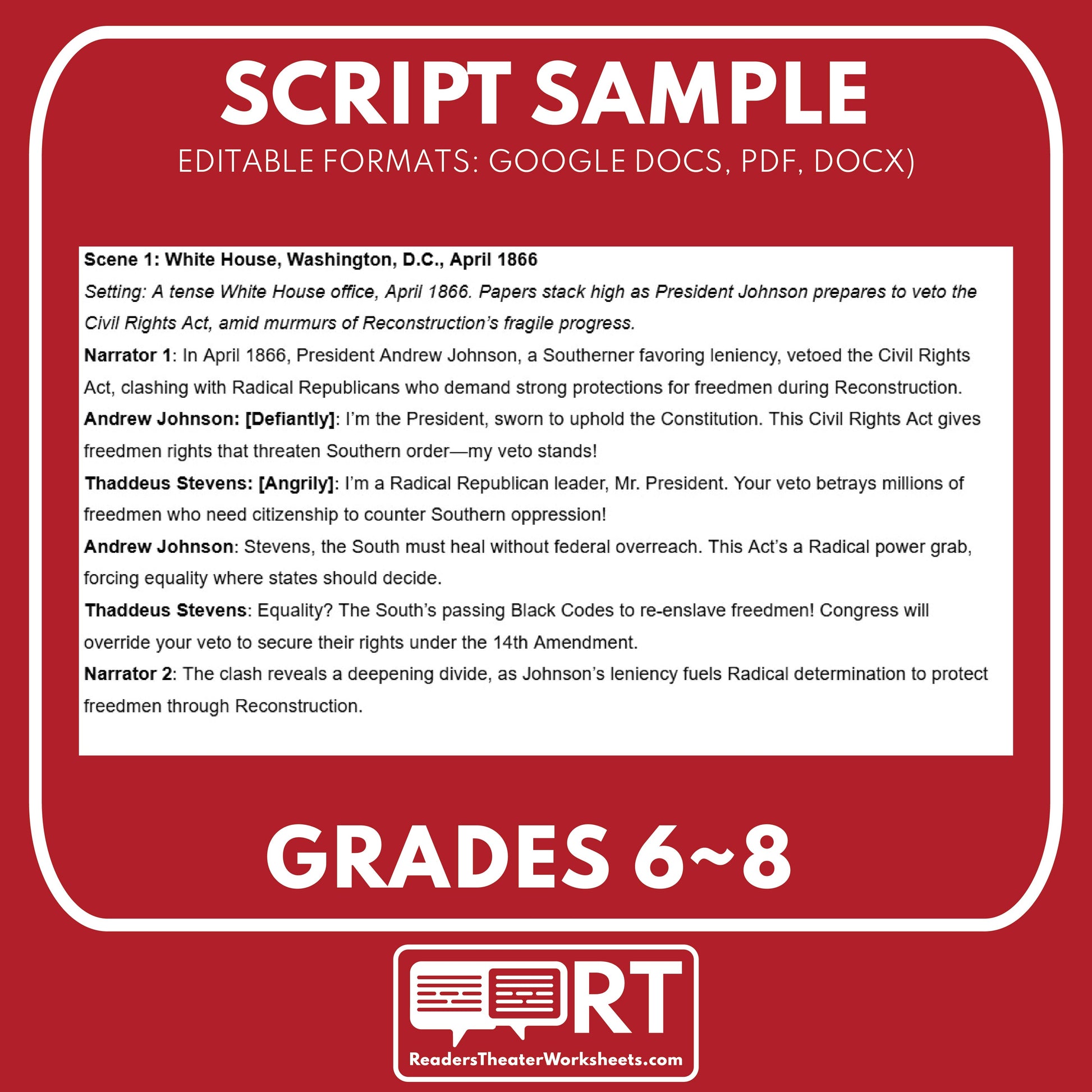 The Impeachment of Andrew Johnson (1868) | Reconstruction Era History Readers Theater Grades 6-8 - ["Grades 6-8","U.S. History \u2013 Reconstruction Era"]