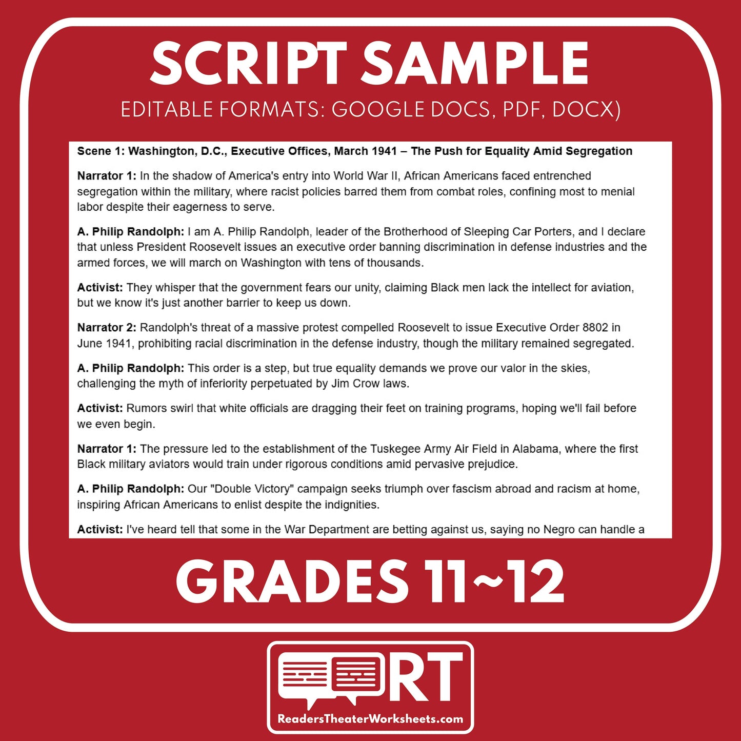 Tuskegee Airmen and African Americans in WWII Readers Theater Script (Grades 11-12) - ["Grades 9-12","U.S. History - WWII"]