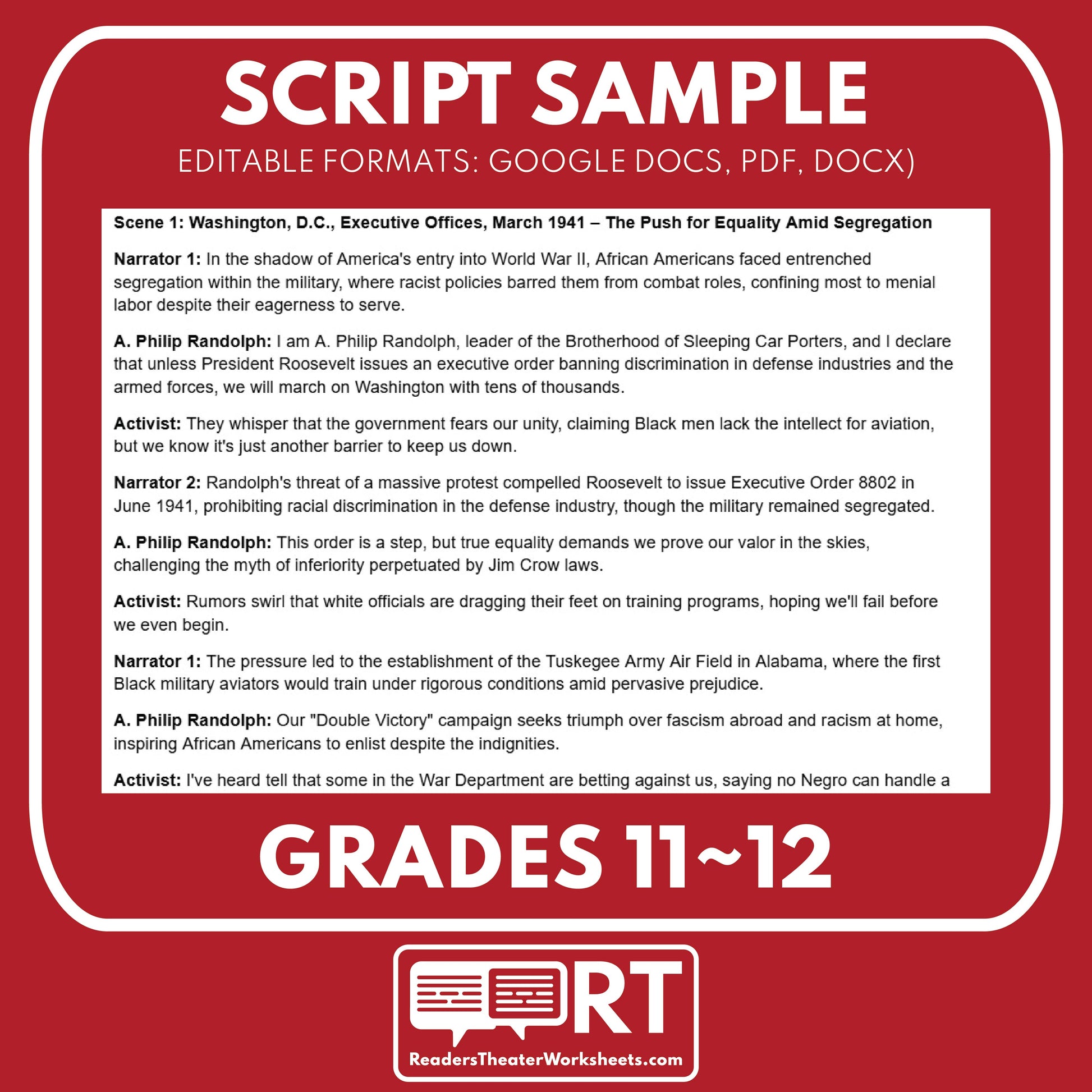 Tuskegee Airmen and African Americans in WWII Readers Theater Script (Grades 11-12) - ["Grades 9-12","U.S. History - WWII"]