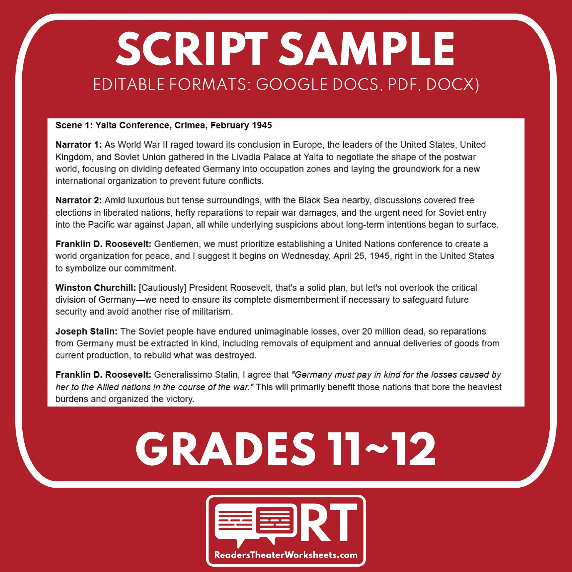 Postwar & Dawn of Cold War Readers Theater Script (Grades 11-12) - ["Grades 9-12","U.S. History - WWII"]