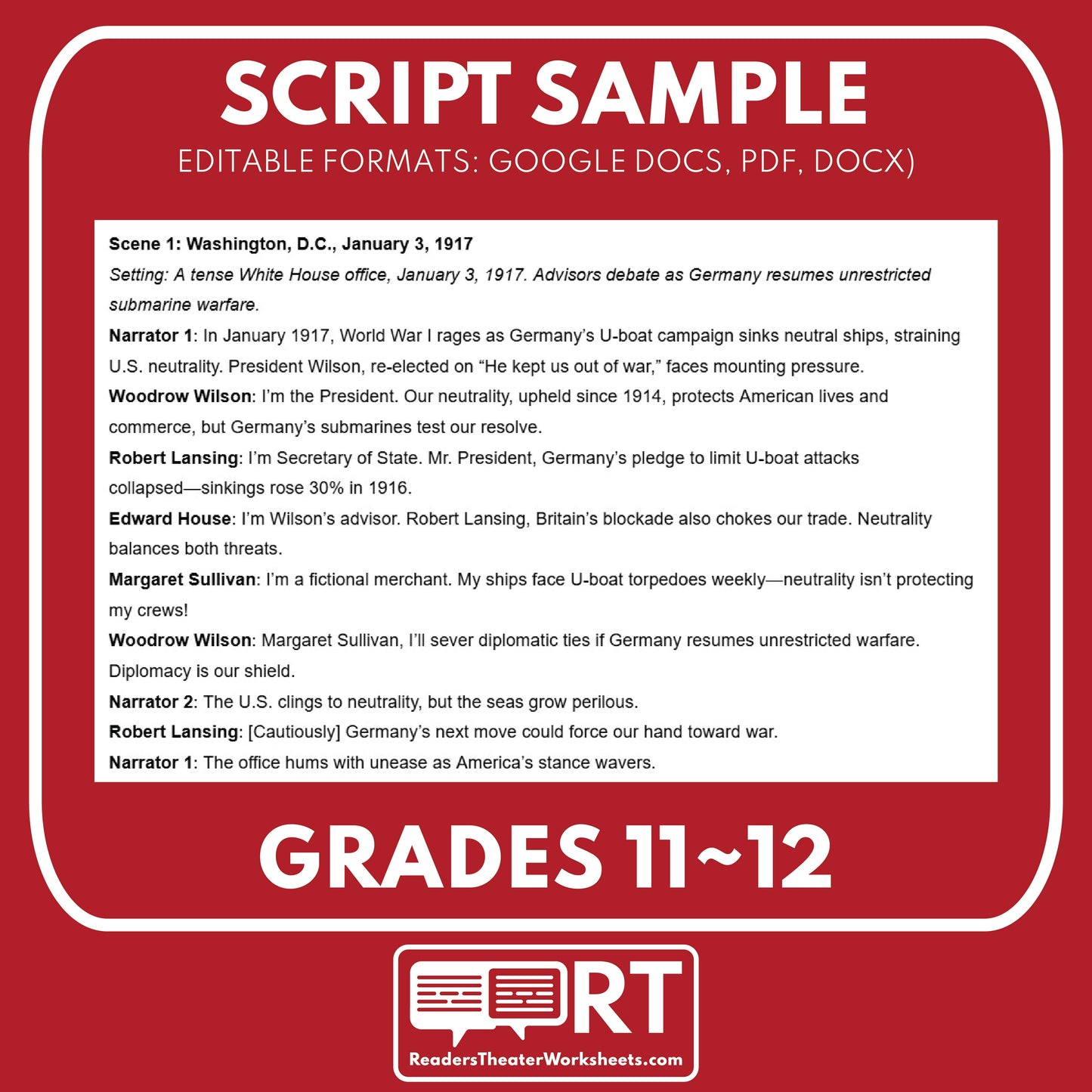 Zimmermann Telegram & Espionage Plot – Readers Theater Script (Grades 11-12) - ["Grades 9-12","U.S. History - WWI"]
