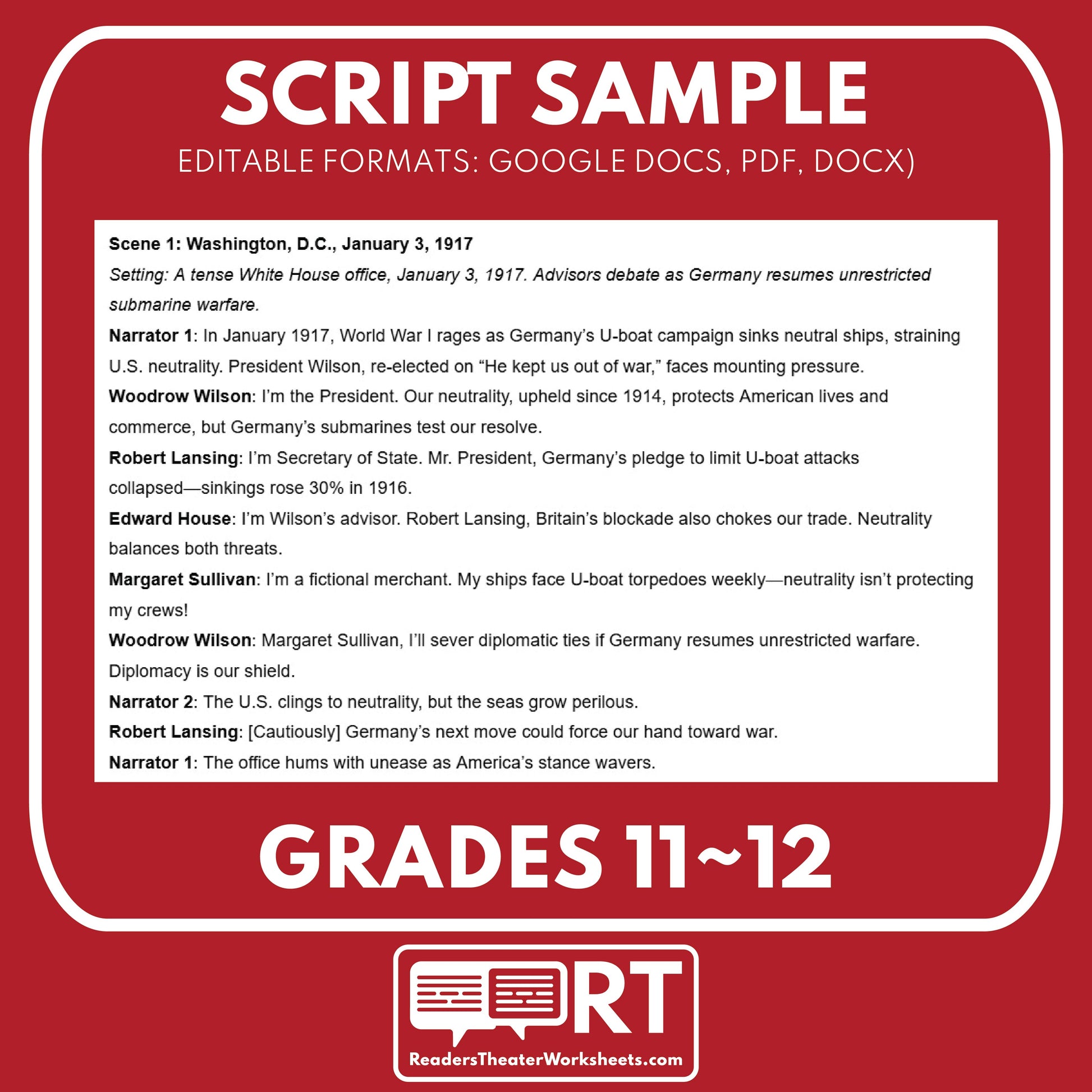 Zimmermann Telegram & Espionage Plot – Readers Theater Script (Grades 11-12) - ["Grades 9-12","U.S. History - WWI"]
