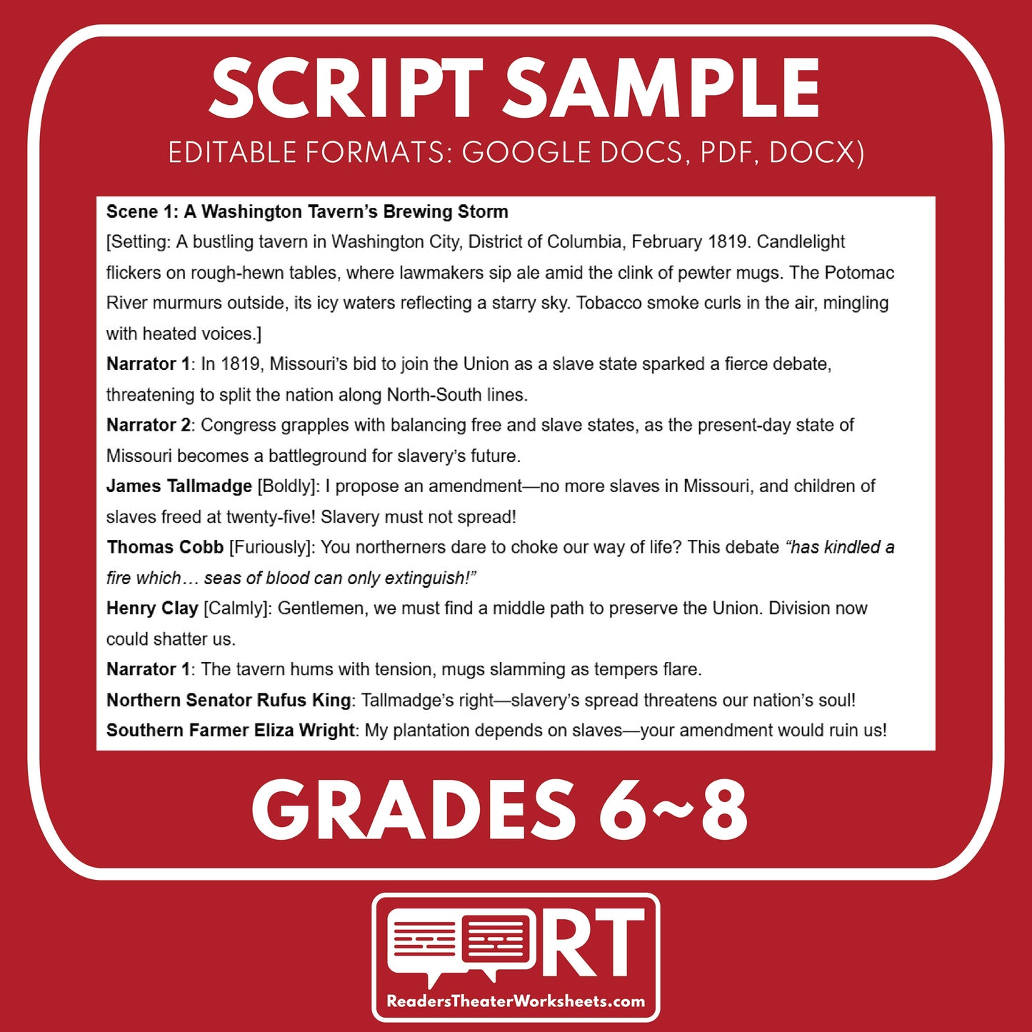 Missouri Compromise Readers’ Theater | Grades 6-8 Free History Script - ["100% FREE","Grades 6-8","U.S. History - Westward Expansion (1801\u202f\u2013\u202f1861)"]
