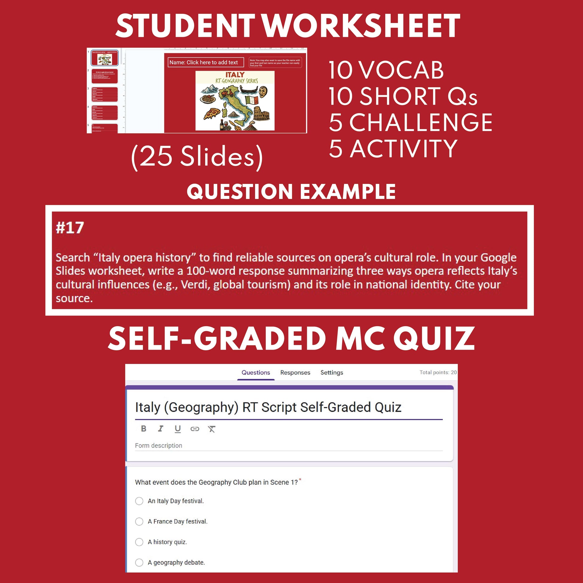 Italy Readers Theater Script | Geography & Social Studies Class - ["Geography","Grades 6-8","Grades 9-12","Self-Graded Quiz"]