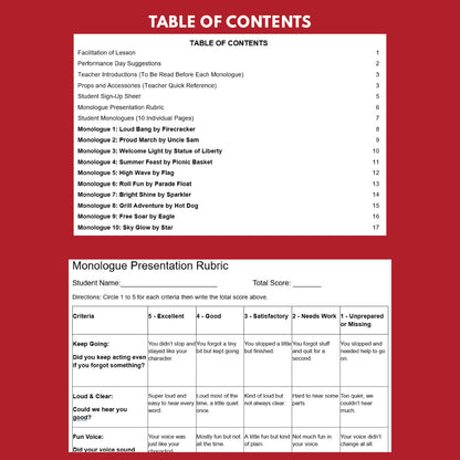 10 Fourth of July Monologues | 10 Short Scripts For Grades 1 to 3 | No Prep Activity PDF