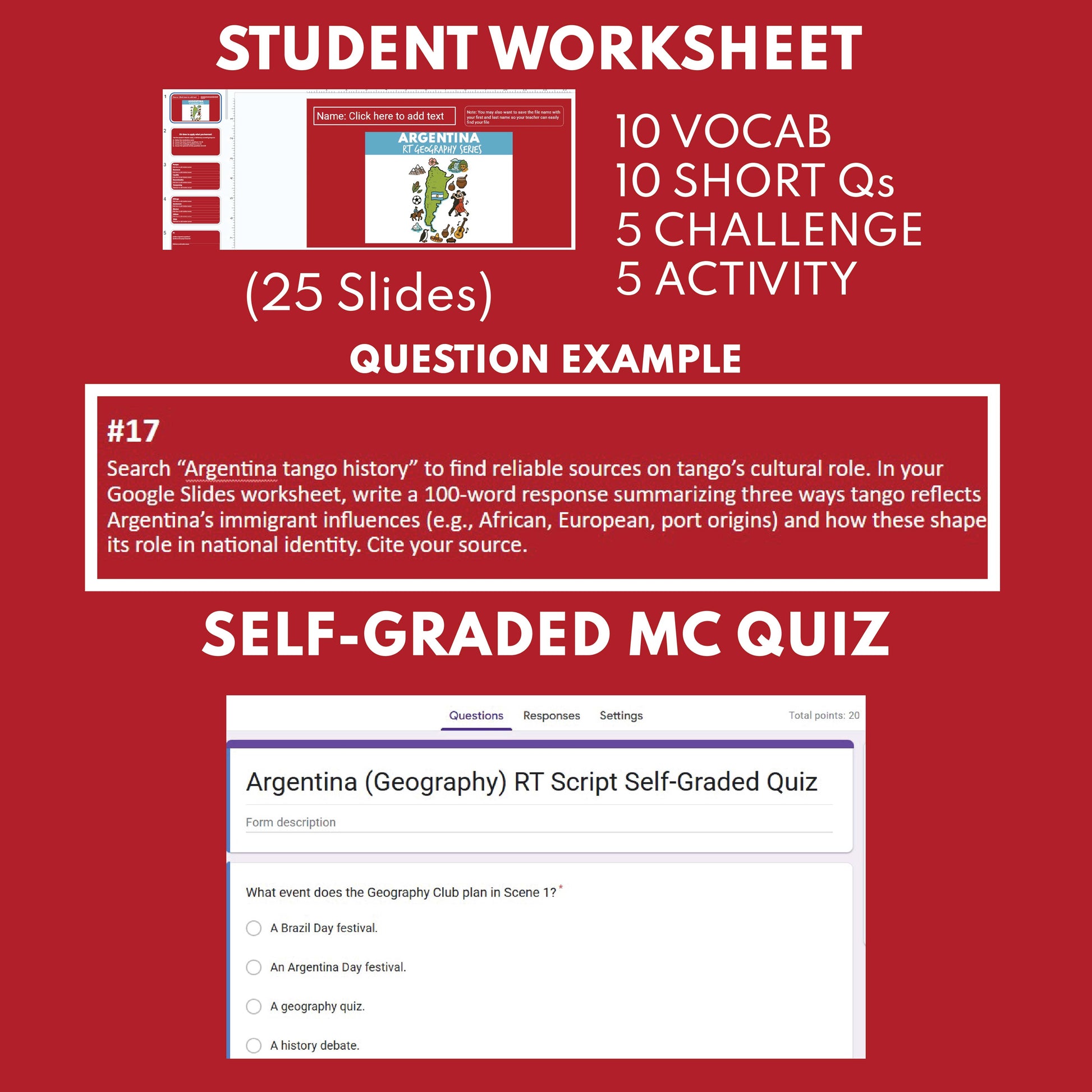 Argentina Readers Theater Script | Geography & Social Studies Class - ["Geography","Grades 6-8","Grades 9-12","Self-Graded Quiz"]