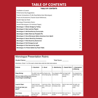 10 Thanksgiving Monologues | 10 Short Scripts For Grades 1 to 3 | No Prep Activity PDF