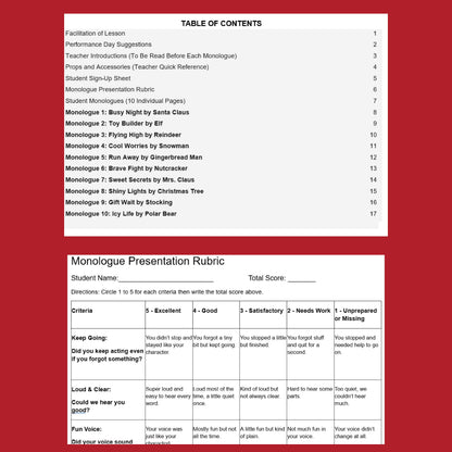 10 Christmas Monologues | 10 Short Scripts For Grades 1 to 3 | No Prep Activity PDF
