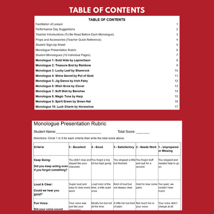 10 St. Patrick's Day Monologues | 10 Short Scripts For Grades 1 to 3 | No Prep Activity PDF