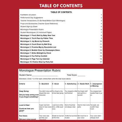 10 New Year's Day Monologues | 10 Short Scripts For Grades 1 to 3 | No Prep Activity PDF