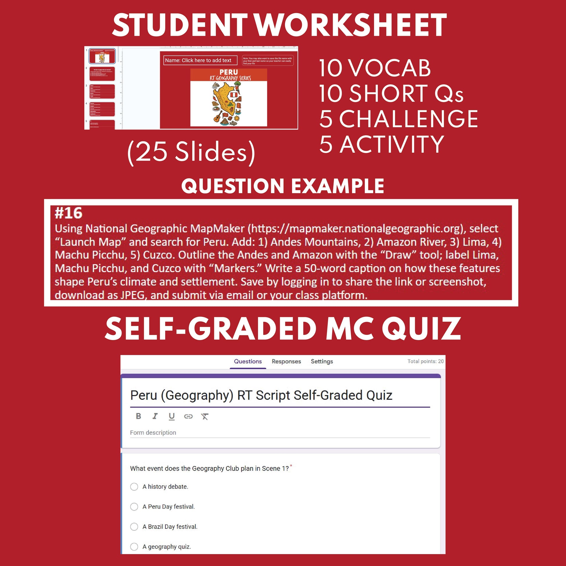 Peru Readers Theater Script | Geography & Social Studies Class - ["Geography","Grades 6-8","Grades 9-12","Self-Graded Quiz"]