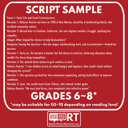 Dolores Huerta | Civil Rights Leader | Readers Theater Script - ["Civil Rights","Grades 6-8","Historical Figures","Primary Source Incl."]