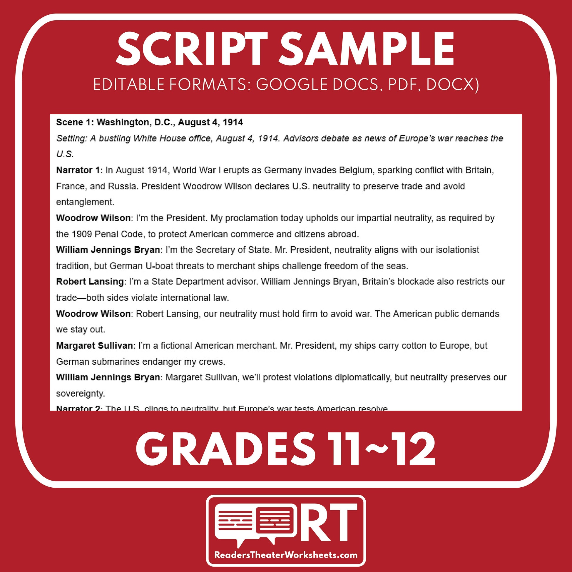 Lusitania & Neutrality Debate – Free Readers Theater Script (Grades 11-12) - ["100% FREE","Grades 9-12","U.S. History - WWI"]