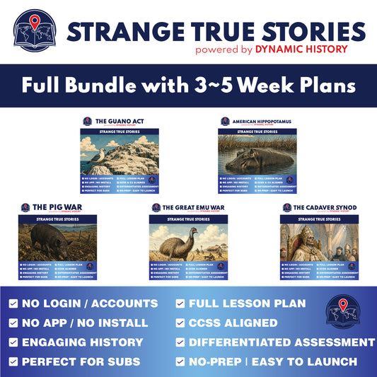 Strange True Stories History Bundle | 5 Dynamic History Modules + 5 Reader's Theater Scripts | Grades 9-12