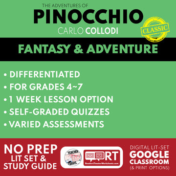 The Adventures of Pinocchio by Carlo Collodi Differentiated Study Guide Lit Set for Grades 3 to 5