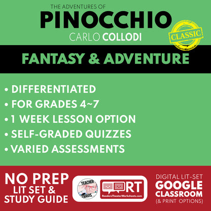 The Adventures of Pinocchio by Carlo Collodi Differentiated Study Guide Lit Set for Grades 3 to 5