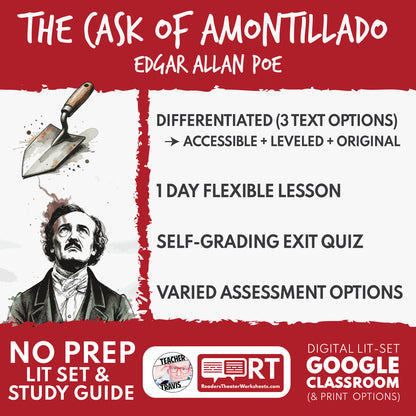 The Cask of Amontillado differentiated study guide cover — Edgar Allan Poe (3 text levels)