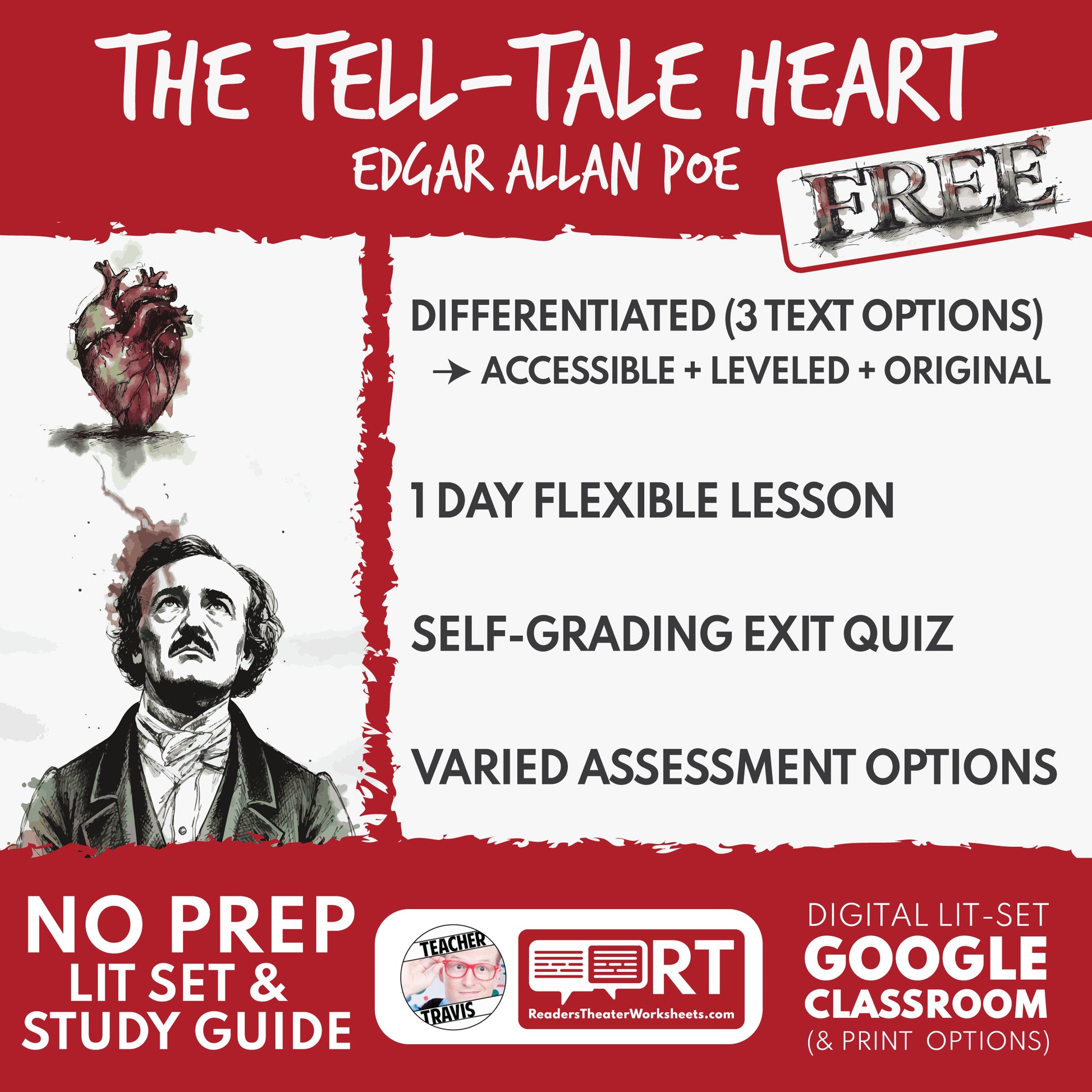 The Tell-Tale Heart differentiated study guide cover — Edgar Allan Poe (3 text levels)