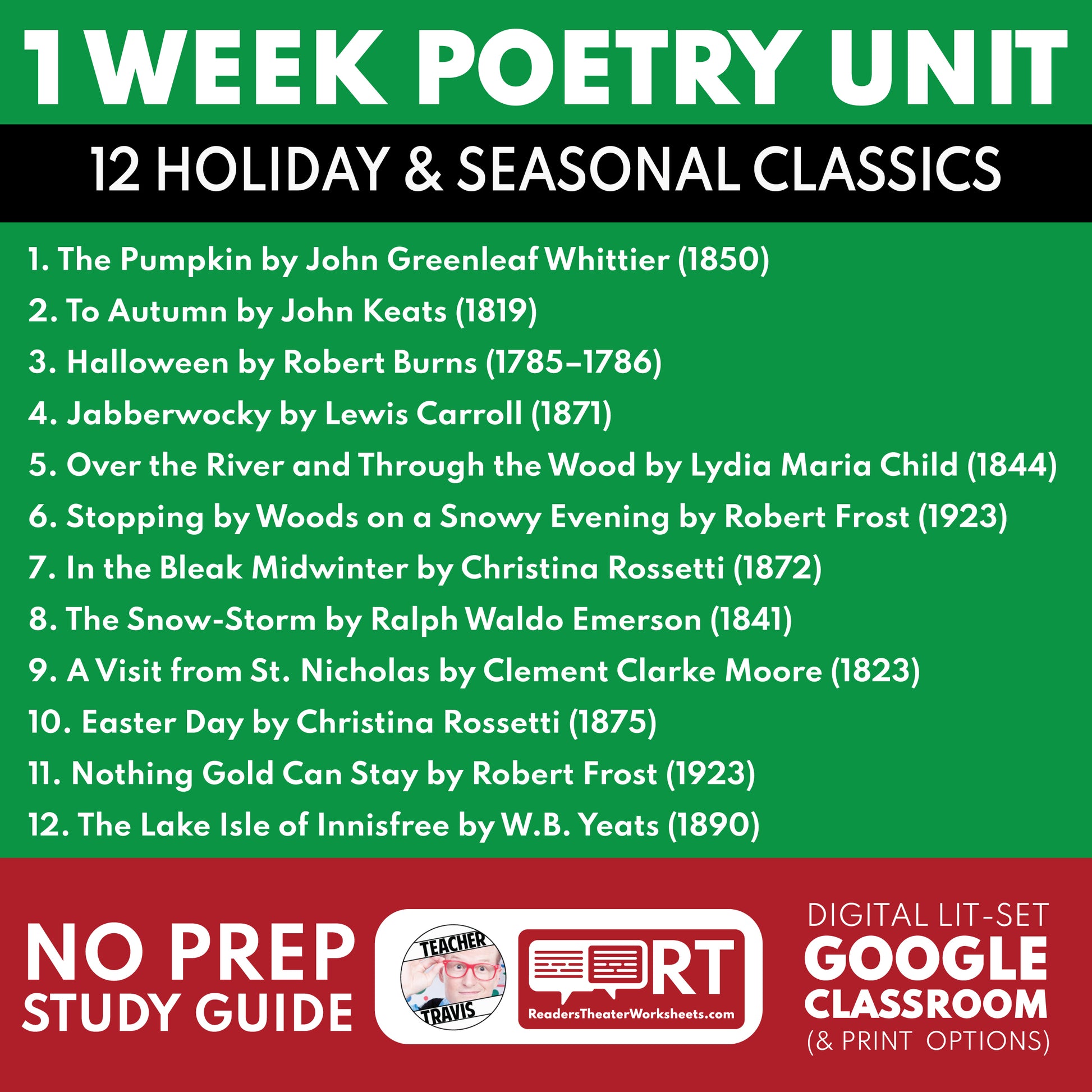 Holiday & Seasons Poetry Mini Unit | Differentiated Study Guide & Analysis | 12 Classics for Grades 9 to 12 cover image