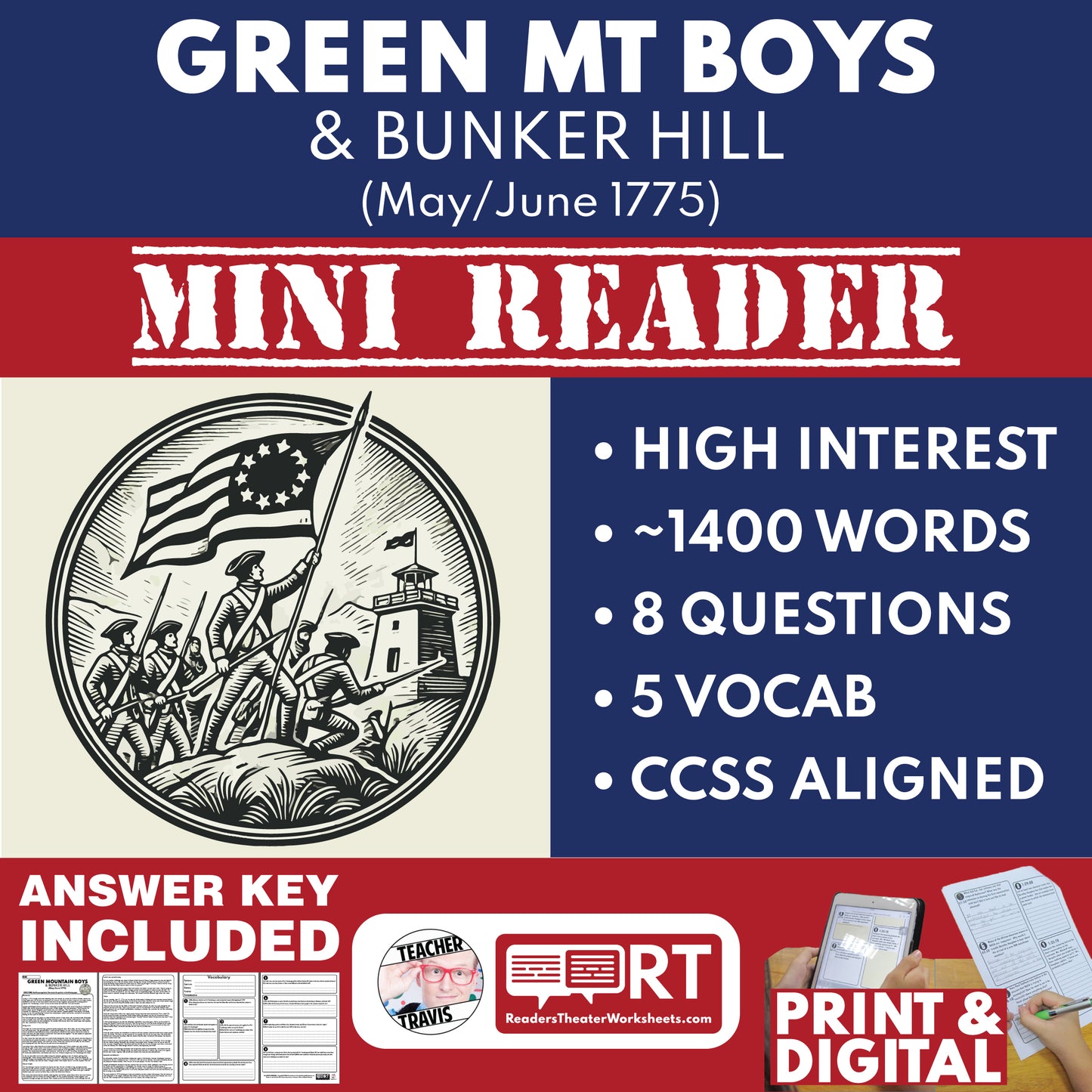 The Green Mountain Boys and Bunker Hill U.S. History Mini Reader Lesson for Grades 5-8