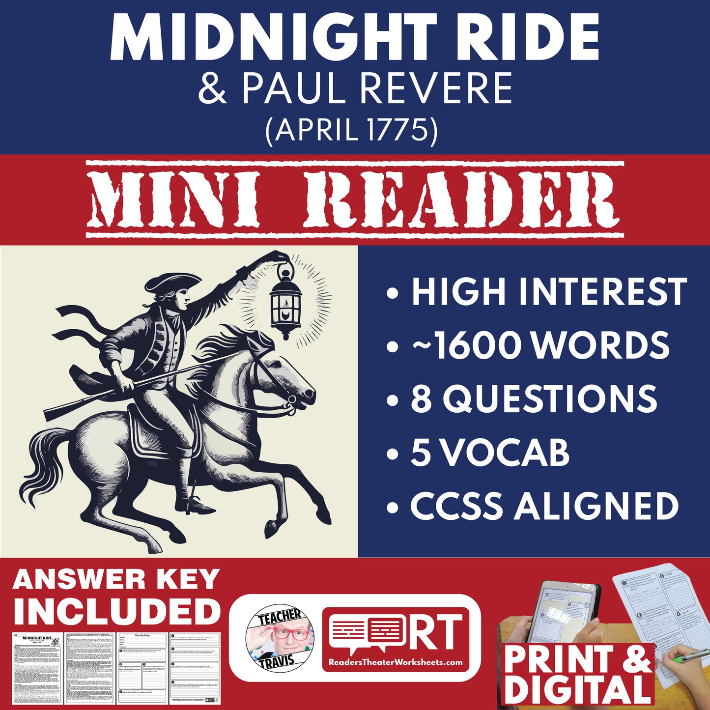 The Midnight Ride and Paul Revere U.S. History Mini Reader Lesson for Grade 5+